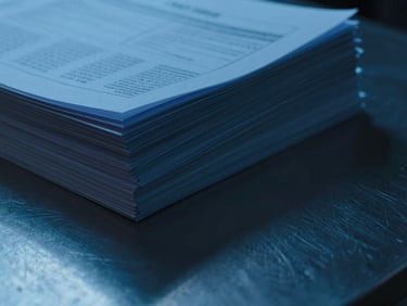 Extreme close-up of a stack of heavily redacted official documents on a metallic surface, illuminated by a harsh blue terminal glow, deep shadows, 35mm anamorphic lens.