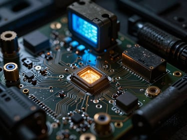 Macro shot of weathered tactical hardware, circuit board details, amber glow from internal components, harsh light