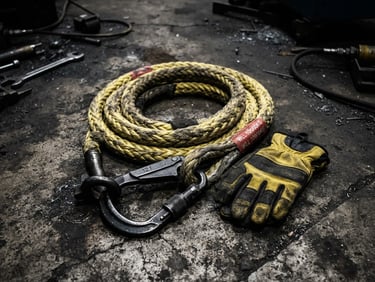 Close-up of a heavy-duty, load-tested tow rope with robust carabiners and non-slip gloves, on a dark, gritty workshop floor under bright utility lighting, high-contrast desaturated tones, sharp focus, 35mm lens.