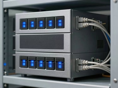 A close-up architectural shot of a physical firewall device mounted on a rack, metallic finish, blue status lights, clean cabling on the right side.