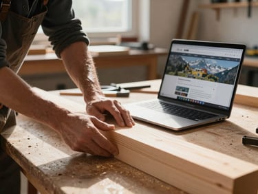 A carpenter in a sunlit Swiss workshop, hands smoothing a wooden beam, a rugged laptop displaying a clean website layout resting on the workbench nearby, natural morning light.