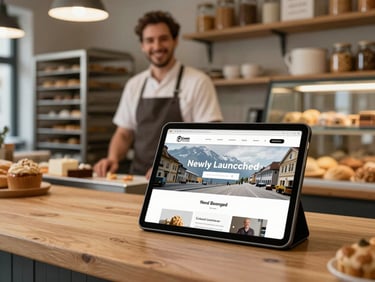A traditional bakery interior in Switzerland, a baker smiling in the background, with a tablet on the counter displaying their newly launched, clean website.