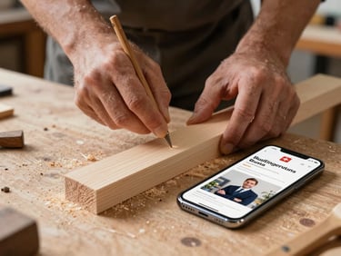 Hands of a Swiss carpenter carving raw pine wood on a workbench next to a smartphone displaying a clean business profile