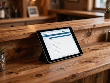 A cozy alpine chalet reception desk with a modern tablet showing a clean booking interface, warm wood textures
