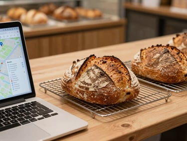 Freshly baked sourdough bread on a cooling rack in a warm Swiss bakery, a laptop open on the side counter showing local map listings