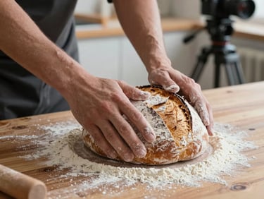 Close-up of a Swiss baker's flour-dusted hands shaping sourdough loaf on a heavy timber table, with a camera on a tripod subtly visible in the soft-focus background.