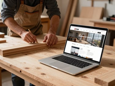 A local Swiss carpenter working on timber in a sunlit workshop, with a laptop resting on a nearby clean wooden surface showing a modernist website wireframe.