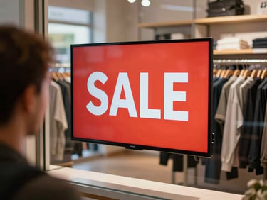 Over-the-shoulder shot of a retail store window, a flat-screen display mounted inside showing a bold promotional sale graphic, natural daylight through the glass, clothing racks visible in background