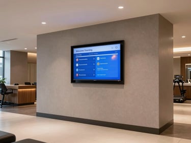 Wide shot of a hotel or gym lobby, a wall-mounted commercial TV showing a welcome message and daily schedule, clean modern interior, ambient indoor lighting, no people