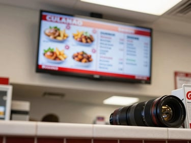 Close-up shot from behind the counter of a QSR, a bright TV screen mounted above the pass showing a digital menu with combo meals and prices, natural overhead lighting, tiled counter edge in foreground