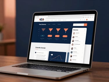Close-up de um designer trabalhando em um layout de e-commerce de alta conversão em um laptop, com gráficos de funil de vendas sobrepostos, em um ambiente de estúdio com luzes de cobre e azul marinho, foco nítido.