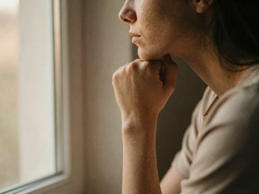 Pessoa em um momento de introspecção, com a mão no queixo, luz suave de janela, tons quentes, profundidade de campo rasa.