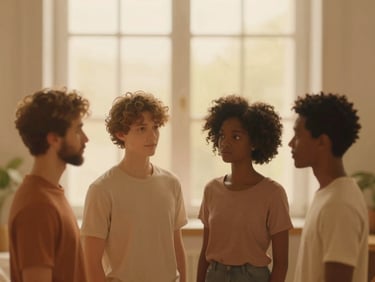 Quatro figuras humanas estilizadas em um círculo, representando a diversidade dos temperamentos, com cores suaves e orgânicas, em um fundo de luz dourada.