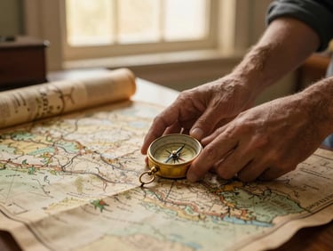 Mãos segurando um mapa antigo ou bússola, simbolizando direção e autoconhecimento, com luz dourada suave e fundo desfocado.