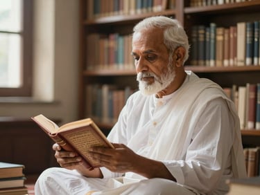 Dignified portrait of a Vedic scholar in clean traditional white attire, reading a sacred text in a quiet, sunlit library, serene atmosphere.