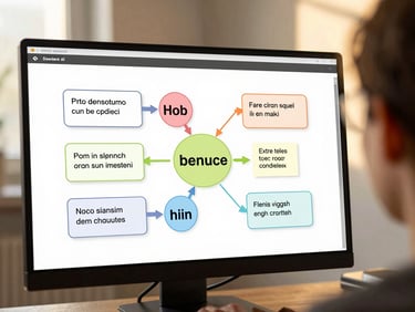 Bright studio shot of a German lesson video interface with high-contrast golden hour lighting and colorful grammar diagrams.