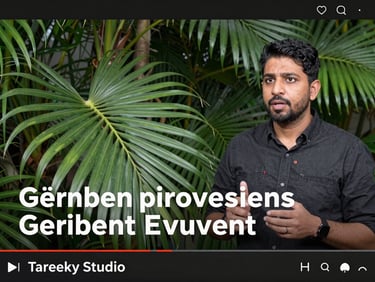 Vibrant screenshot of the Tareeky Studio video player showing an instructor teaching German prepositions next to lush green palm leaves.