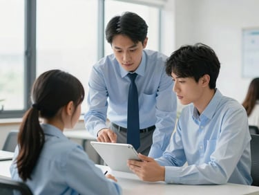 A professional instructor guiding a student over a digital tablet, bright natural office daylight, clean blue and white tones, sharp focus, 35mm