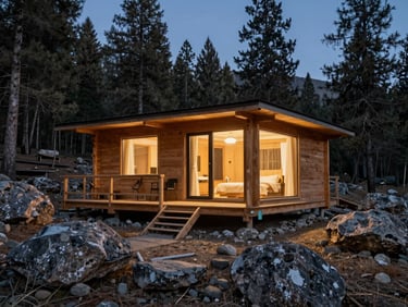 Premium eco-resort wooden cabin architecture nestled in a rocky Mongolian valley, warm interior lighting spilling onto the surrounding forest floor during twilight.