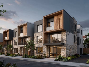 A modern 20-unit townhouse complex render under dramatic evening sky, featuring integrated infrastructure, stone and natural timber facades, and professional landscaping.