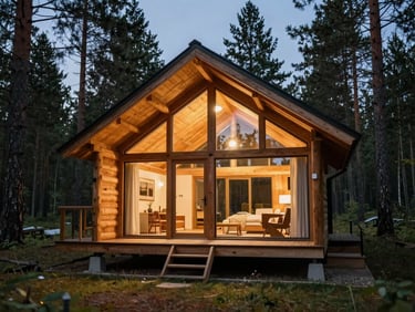 Premium eco-resort wooden cabin architecture, warm lights spilling from glass facades onto surrounding pine forest at twilight.