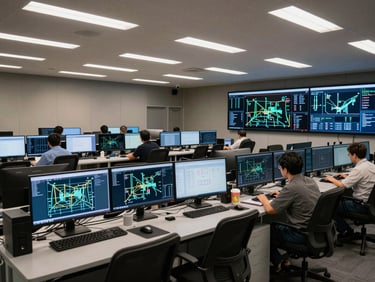 Wide environmental shot of a network operations center, multiple large monitors displaying infrastructure dashboards, overhead fluorescent lighting, empty chairs suggesting 24-hour readiness