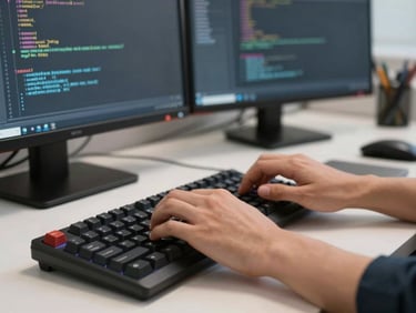 Close-up of a developer's hands typing on a mechanical keyboard in a daylit office, dual monitors showing application code in the background, clean desk environment