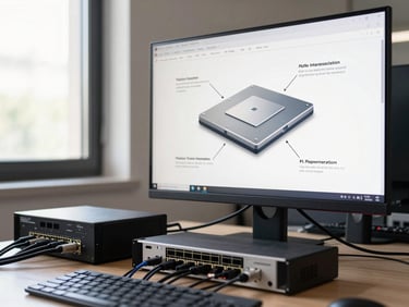 Office workstation showing a platform integration diagram on screen, cables and networking equipment visible in the foreground, natural daylight from a window to the left