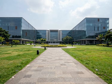 Wide-angle daylight shot of the modern Thakur campus plaza, clean stone pathways, green manicured lawns, and contemporary glass academic buildings in Mumbai