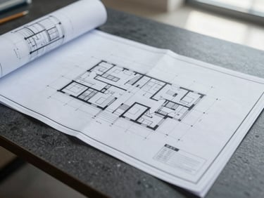 Clean, flat-lay composition of technical construction drawings and blueprints on a dark charcoal desk, illuminated by bright, natural overcast daylight to emphasize crisp architectural lines.