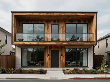 Straight-on elevation of a modern wood and glass residential addition in Arlington, overcast daylight.