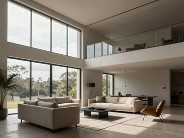 Photorealistic 3D interior rendering of a minimalist double-height living space, overcast natural light streaming through high windows, precise spatial modeling.