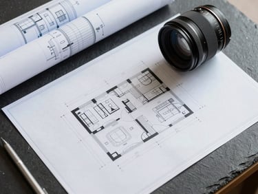 Flat-lay composition of technical architectural plans on a dark slate desk, blueprint-blue accents.