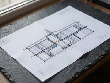 Flat-lay composition of technical construction drawings on a dark slate desk, natural overcast light from the side, clean architectural lines.