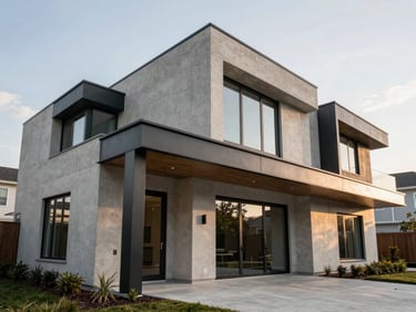 One-point perspective of a modern custom home facade in Bethesda, clean concrete and steel lines.