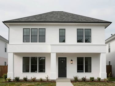 Straight-on architectural elevation of a modern two-story home addition in Arlington, clean white stucco, precise structural lines, overcast daylight.