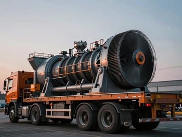 A 120-ton industrial turbine secured on a multi-axle heavy transport trailer, dramatic low-angle twilight, safety orange highlights