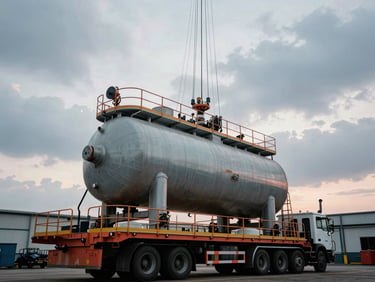 A massive industrial pressure vessel on a heavy-duty platform trailer at an overcast industrial yard, rigging lines visible