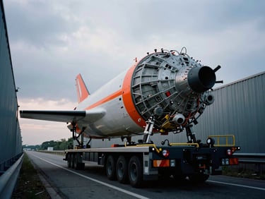 An aerospace fuselage on a specialized hydraulic platform trailer maneuvering through a tight highway junction, overcast day