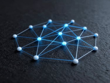 A sleek abstract technical diagram of social network nodes, glowing blue lines connecting data points on a dark slate background, high contrast, cool low-key lighting.