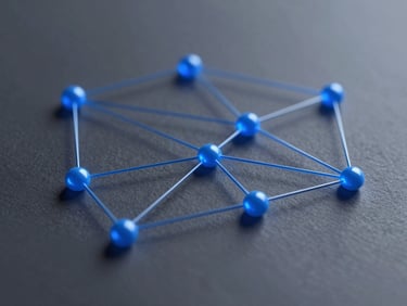 Macro shot of a clean digital network visualization with glowing blue nodes on a slate gray screen, cool low-key lighting.