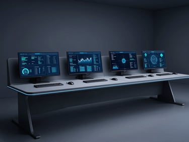 Sleek technical photography of a modern command-center style workspace with clean data visualizations on screens, cool low-key studio lighting, deep blue and slate tones.