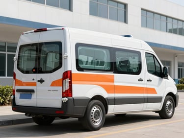 A modern white ambulance with clean orange safety decals, parked outside a modern medical facility under bright daylight.