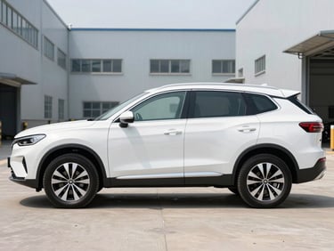 Pristine white passenger SUV parked in a clean industrial courtyard, sharp three-quarter profile shot, bright daylight.