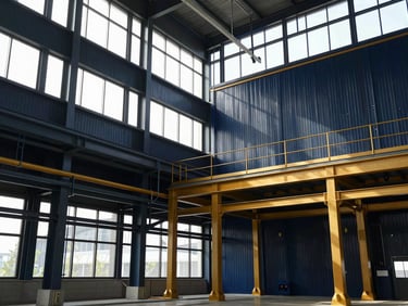Hasselblad medium format shot of a state-of-the-art industrial facility interior, clean structured lines, natural light pouring through high windows, deep navy and warm gold tones.