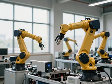 Clean, high-tech automated manufacturing facility, robotic arms, soft natural light from high windows, precise industrial design.