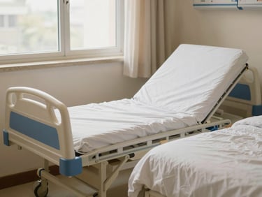 An adjustable semi-fowler hospital bed set up neatly in a warm, cream-walled bedroom with soft window light, clean linen