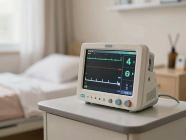 A high-precision patient monitor displaying vital signs, placed on a bedside table with soft-focus background of a peaceful room