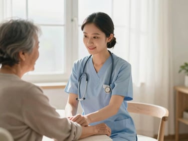 A professional nurse in a clean uniform gently checking the pulse of an elderly patient in a bright home environment, soft natural morning window light, warm editorial healthcare photography