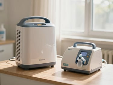 Clean oxygen concentrator and BiPAP machine on a wooden table in a bright, sunlit room, soft morning light, clinical-editorial style